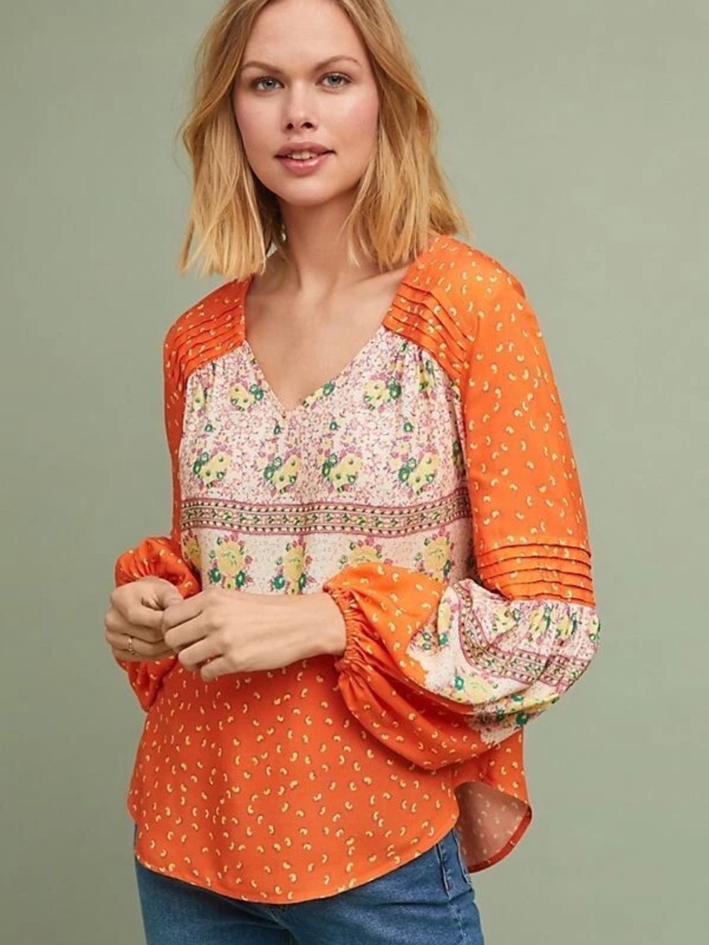 Anthropologie Maeve Ceresco Peasant Top Women’s Size S Poet Sleeves Pleated Boho